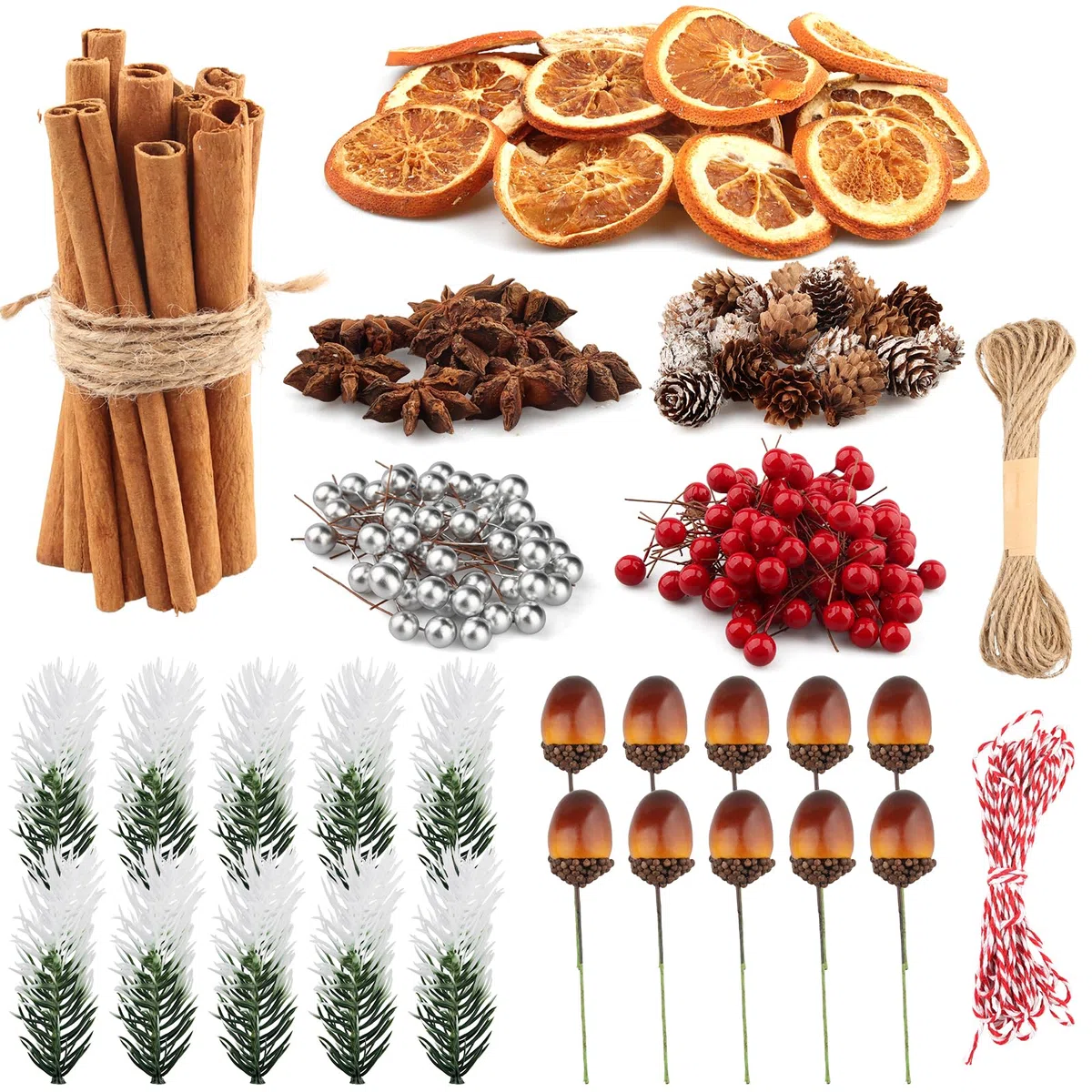 232 Pezzi Corona di Natale Accessori, Decorative Natalizie Pigne, Arancia Essiccata, Cannella Stecche, Anice Stellato, Ramo di Pino, Bacche, Decorazioni per Ghirlanda Fai Da Te Albero di Natale