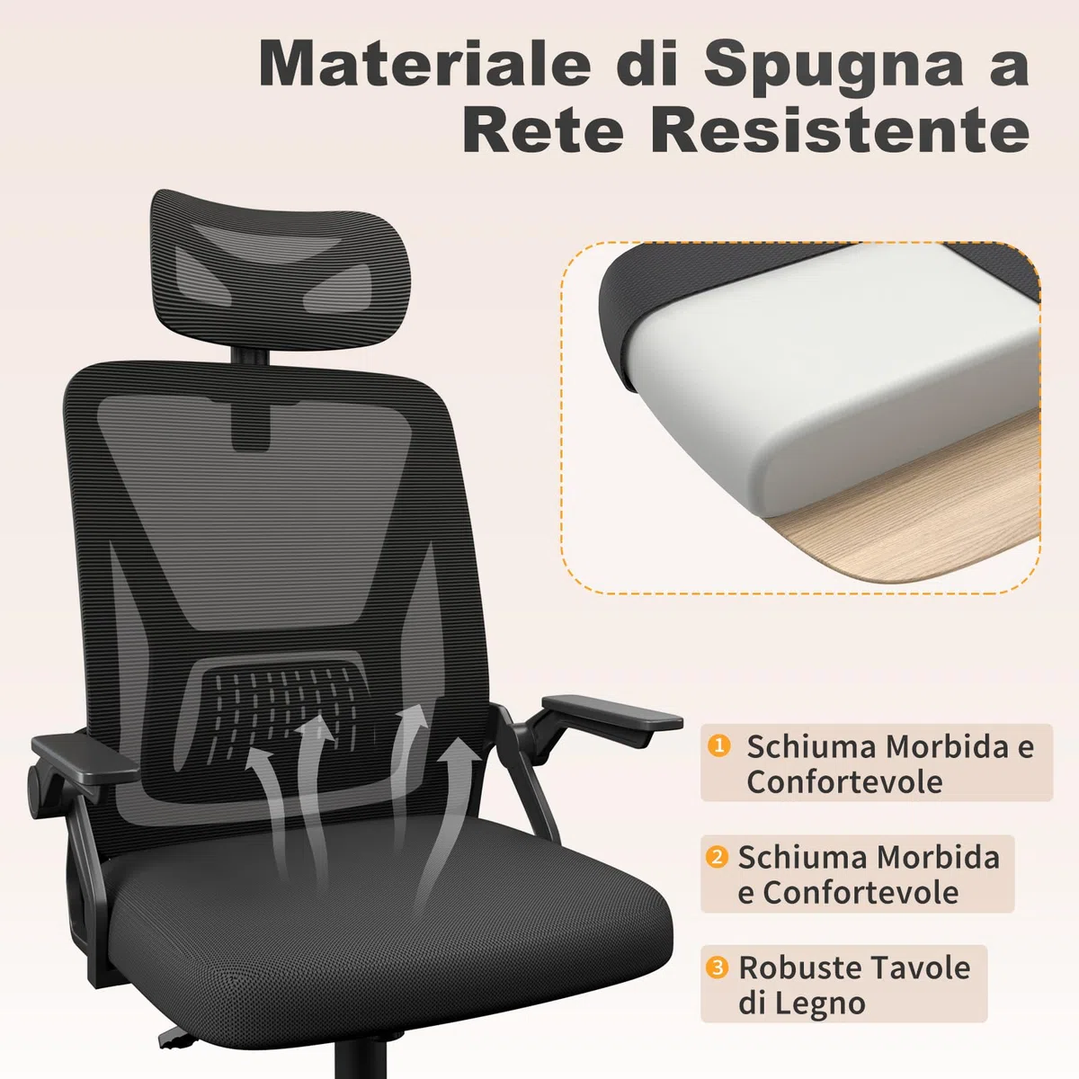 naspaluro Sedia da Ufficio,Con Braccioli Ribaltabili a 90°,Sedie Scrivania Ergonomica Lombare, Con Poggiatesta, Rivestimento in Rete Traspirante, Sedia Girevole a 360° Con Funzione Swing,Nero