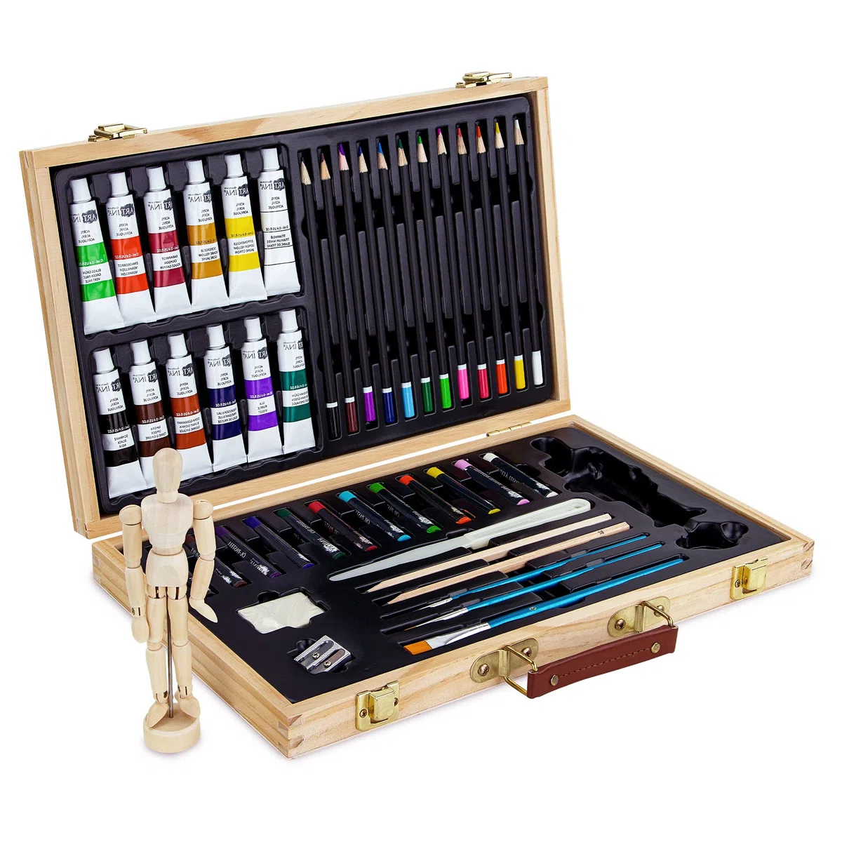 Artina 45 Pezzi Set Pittura e Disegno in Valigetta Legno con Colori Acrilici, Pennelli, Pastelli, Gessetti, Manichino – Kit Pittura Professionale per Bambini e Adulti – Leonardo