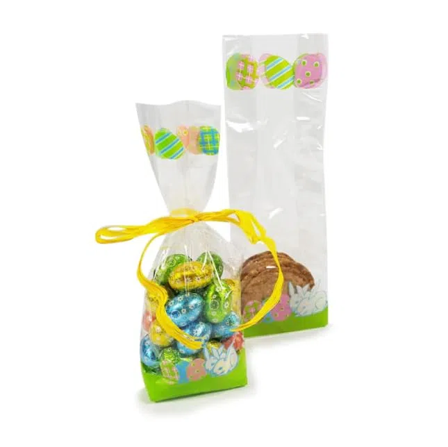 Sacchetti per Confezioni Pasqua con Decoro Uova e Coniglietti, 50 Pezzi (Base cm 8; soffietto 5; altezza 24-50 pezzi)