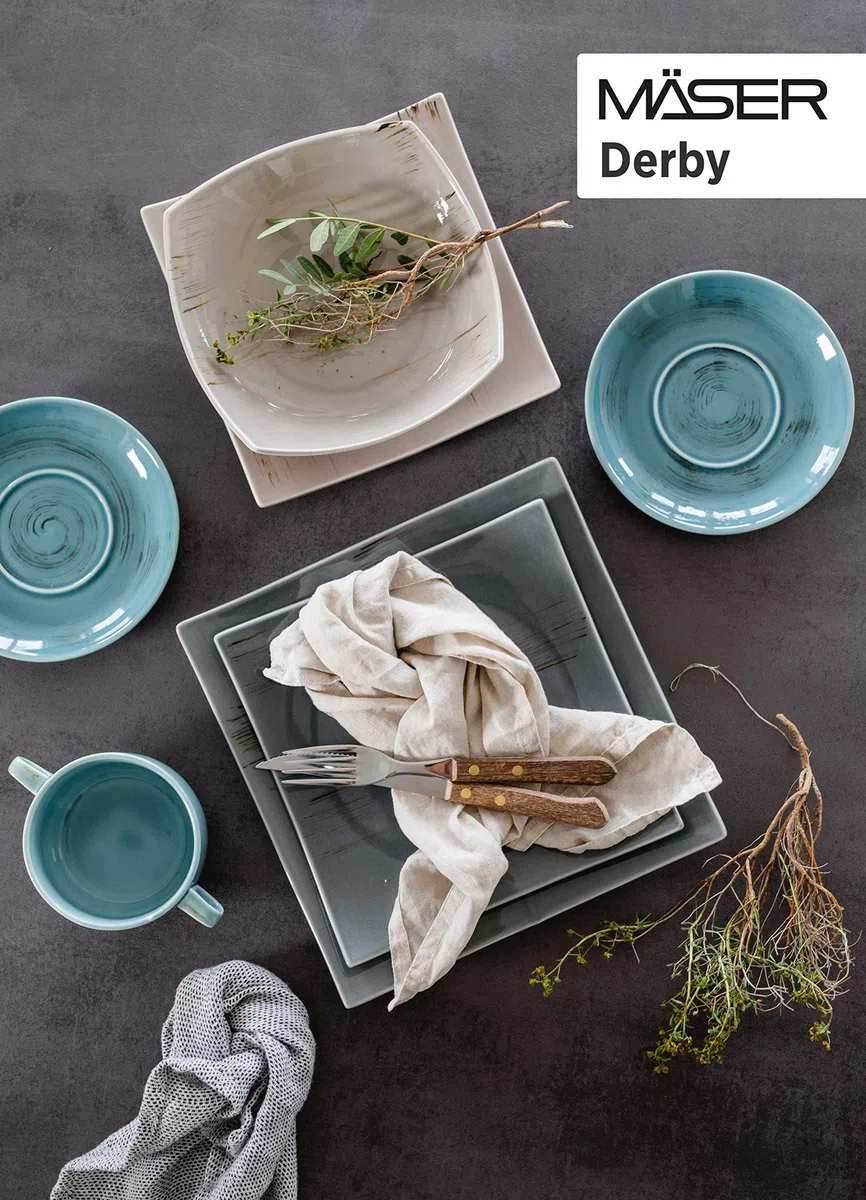 MÄSER 931448 Serie Derby, set di stoviglie premium con piatti quadrati per 4 persone in qualità gastronomica, servizio moderno combinato, 16 pezzi, colori pastello, porcellana durevole