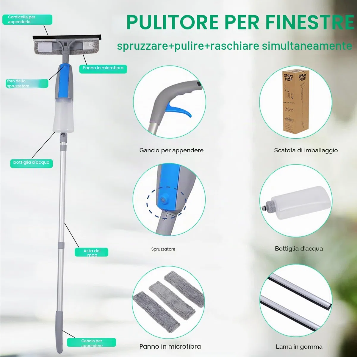Lavavetri Telescopico 3 in 1, Professionale Lavavetri con Spray, Spazzola Lava Vetri con Manico 190cm per La Pulizia del Vetro Alte in Interni ed Esterni