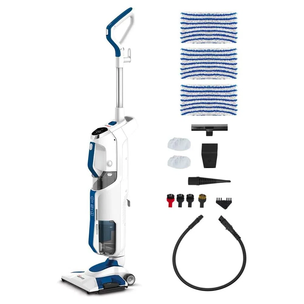 Polti Vaporetto 3 Clean Blue Aspirapolvere Lavapavimenti con Pulitore a Vapore Portatile, 3 Prodotti in 1, 14 Accessori, Aspirazione Ciclonica senza Sacco, Potenza Max 1800 W, Bianco e Blu