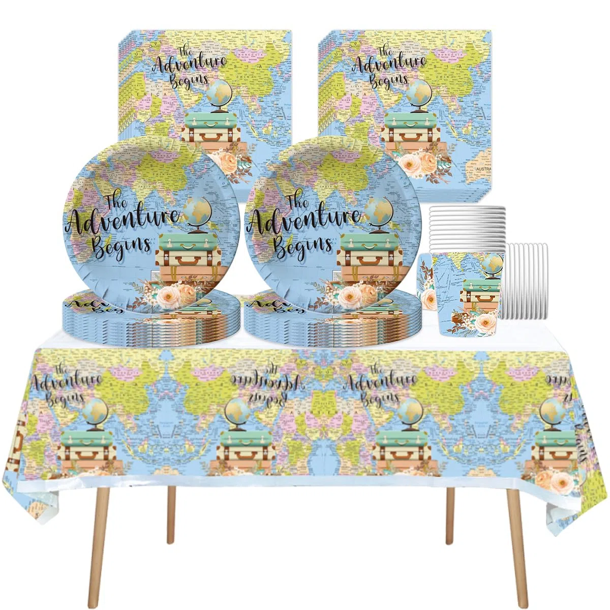 Viaggi Stoviglie per feste, 61 pezzi Esploratore Stoviglie per compleanni per bambini, Mappa del mondo Set di piatti di carta per feste, Compresi bicchieri, tovaglioli e tovaglie