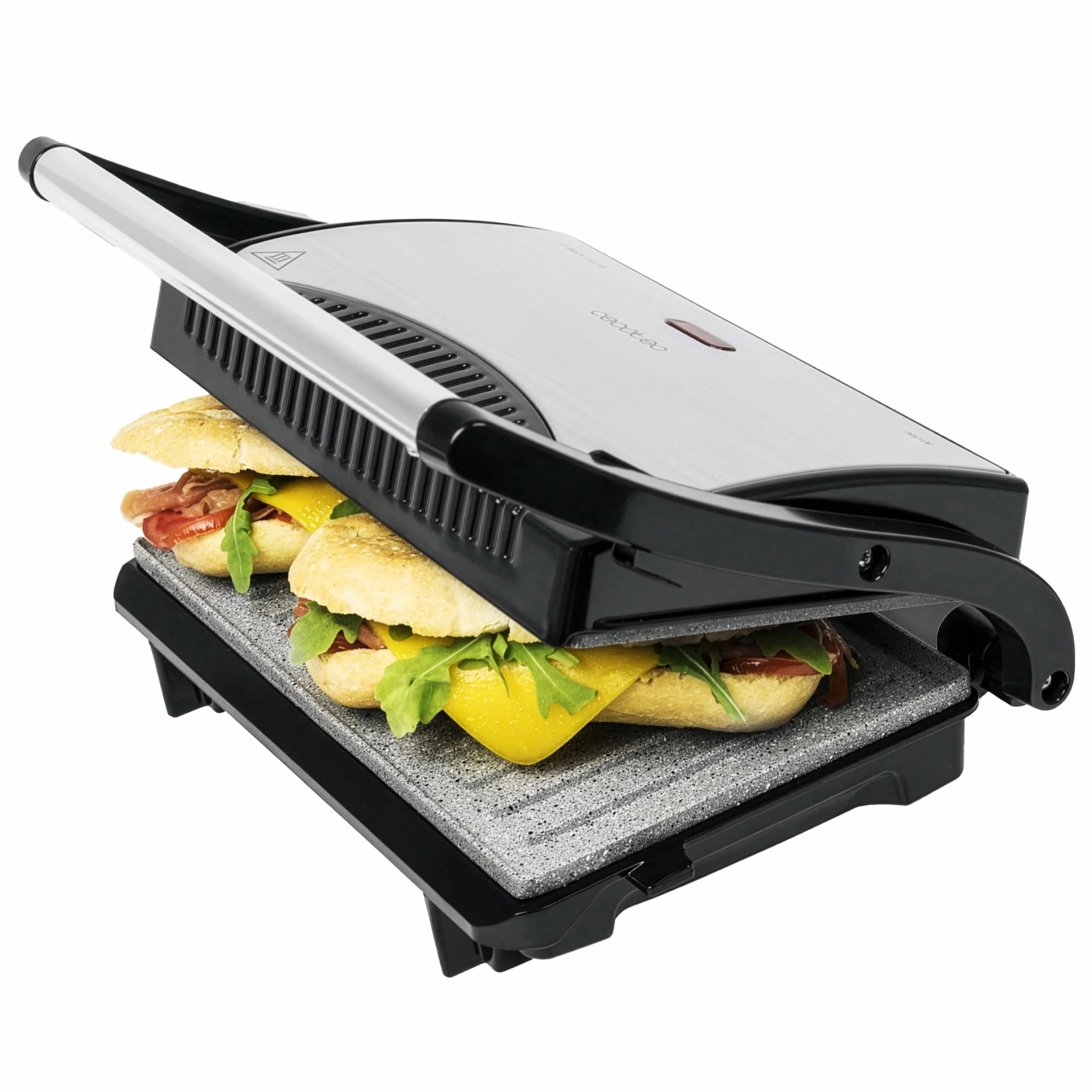 Cecotec Griglia elettrica con Grill Rock'n Grill. 700 W, superficie 23 x 14,5 cm, RockStone antiaderente, senza PTFE, PFOA, piastra galleggiante, maniglia fredda al tatto, indicatore luminoso