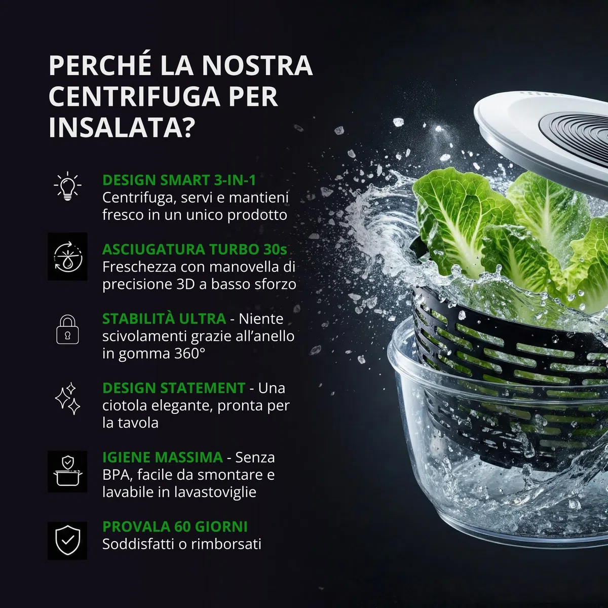 Centrifuga insalata Premium 5 L – 60 giorni di prova senza rischi – 2 in 1 antiscivolo: centrifuga & insalatiera – Ø 24,5 cm – senza BPA – lavastoviglie – per asciugare l’insalata – eBook incluso