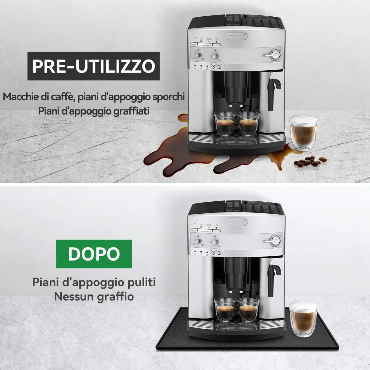 Tappetino per Macchina da Caffè, Tappetino in Silicone 48x30cm con Bordo Rialzato, Protezione Piano di Lavoro, Compatibile con De Longhi Magnifica, Philips LatteGo, Siemens EQ6 (Nero)