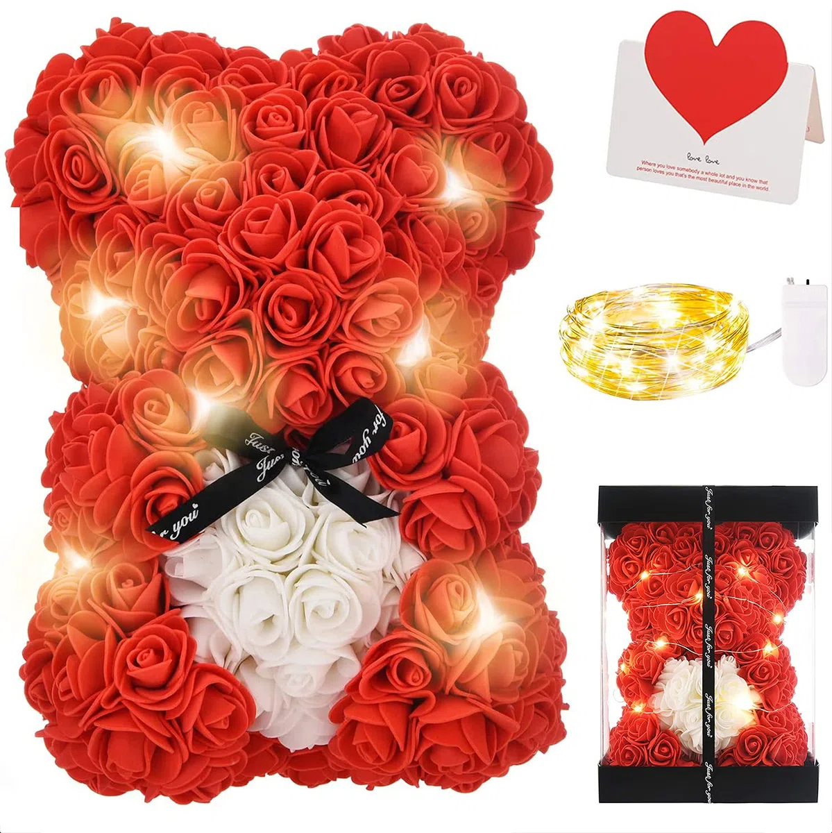 Orso di Rose, Orsacchiotto Composto da Rosa Artificiali con Luce Led, Creativo Floreale Regalo, San Valentino Comprese Scatole Trasparenti Biglietti di Auguri