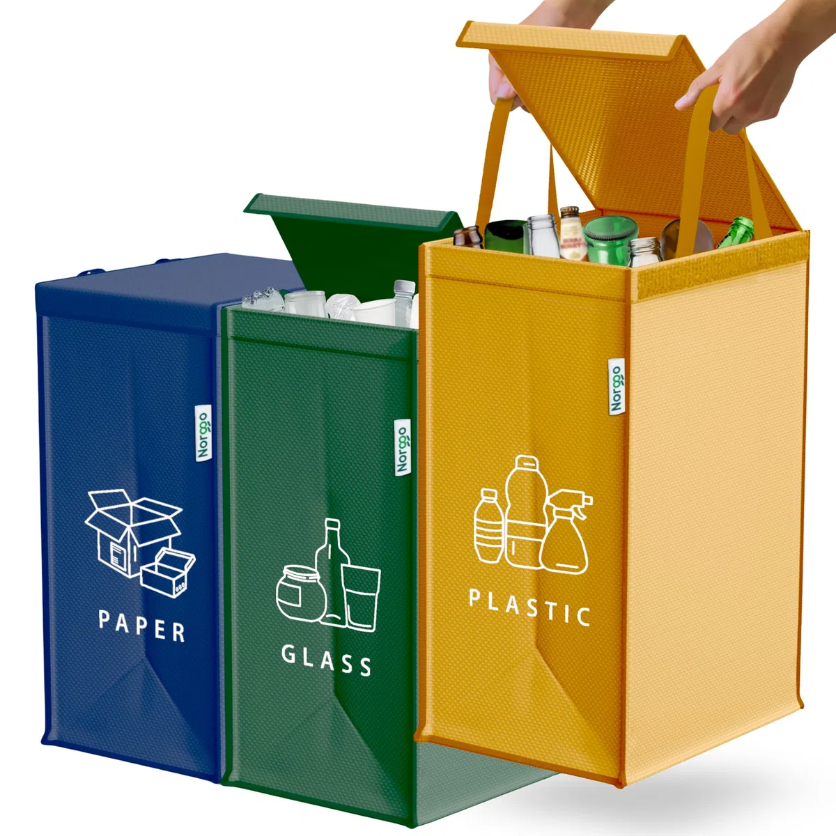 Borse per raccolta differenziata 40L – Set 3 buste raccolta differenziata per plastica, carta e vetro – Sacchi differenziata colorati con maniglia – Sacchetti e borse differenziata per casa