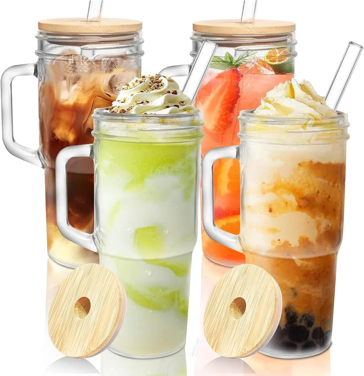 Bicchieri in vetro con coperchio e cannucce, 4 confezioni - 680 ml bicchieri in vetro con manico, barattolo con coperchio e cannuccia, bicchieri riutilizzabili per caffè freddo, frullati, matcha