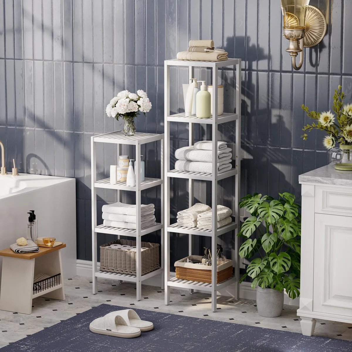 SMIBUY Scaffale per il bagno, organizzatore di scaffali in bambù a 5 livelli, scaffale multifunzionale per soggiorno, camera da letto, cucina (bianco)
