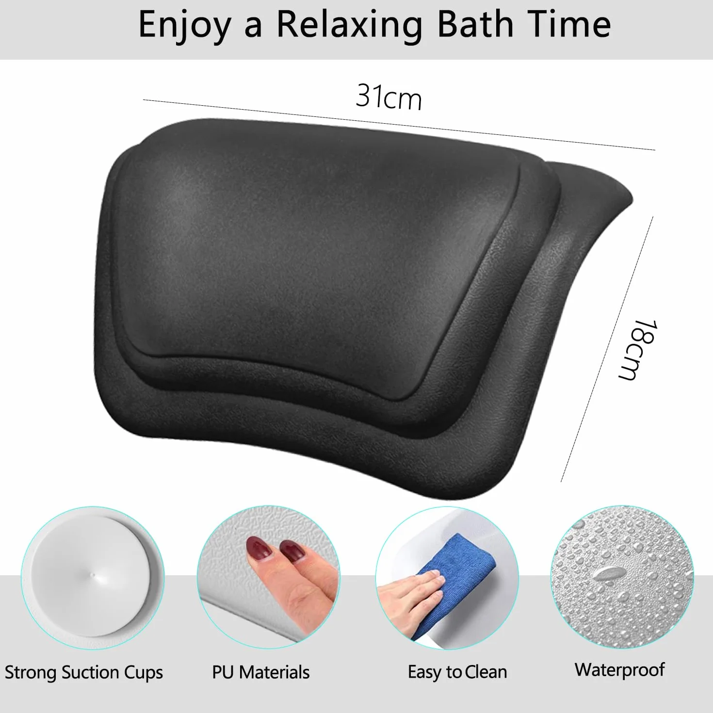 Cuscino da Bagno, Impermeabile, con Ventose Antiscivolo, Cuscino Vasca Impermeabile, Ergonomico, per Vasca da Bagno, Spa - Nero