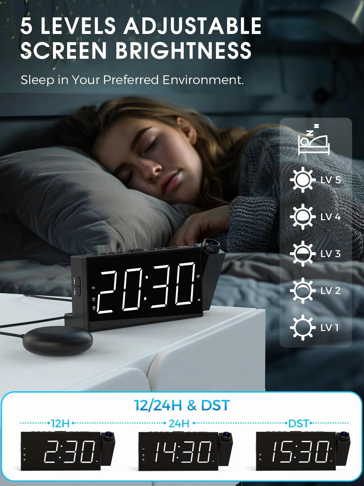 Sveglia A Vibrazione Digitale Con Vibratore per Sordi, Proiezione per Camera da Letto, Doppie Sveglie, Luminosità Regolabile, Volume, Porta USB, Bianco