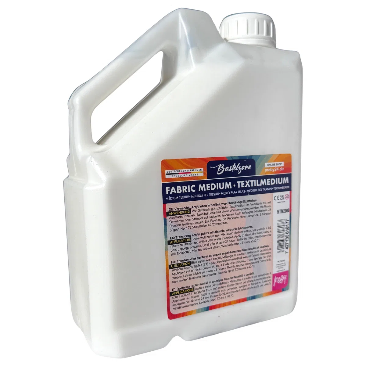 MEBY Textilmedium 2 Litri. Trasforma i colori acrilici in colori per tessuti. Maggiore aderenza sui tessuti. Resistente al lavaggio in lavatrice e alla lavastoviglie. Medium per dipingere su tessuto
