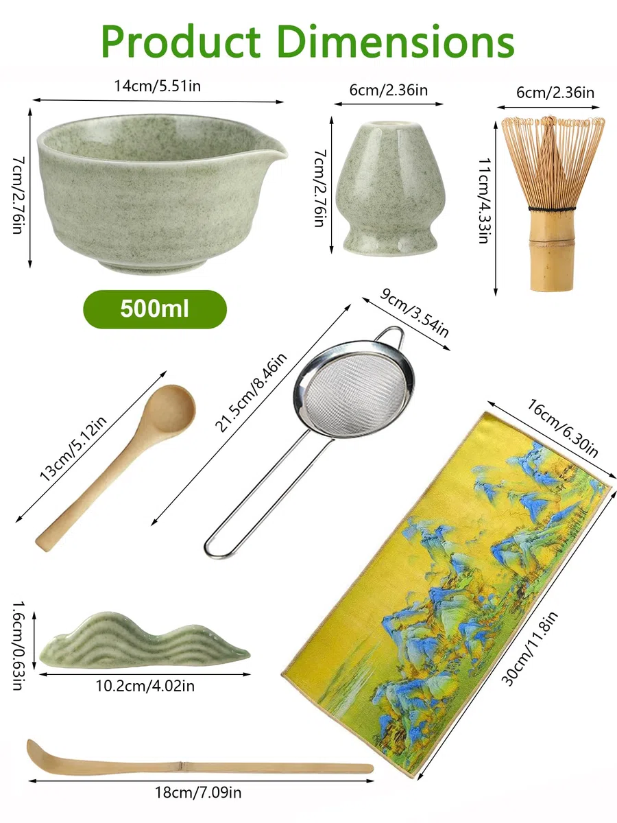Set Matcha – Matcha Set a 8 Pezzi per la Cerimonia del Tè: Ciotola con Beccuccio, Frusta Matcha in Bambù con Supporto, Chashaku, Supporto per Chashaku, Cucchiaio in legno, Chakin, Setaccio per Matcha