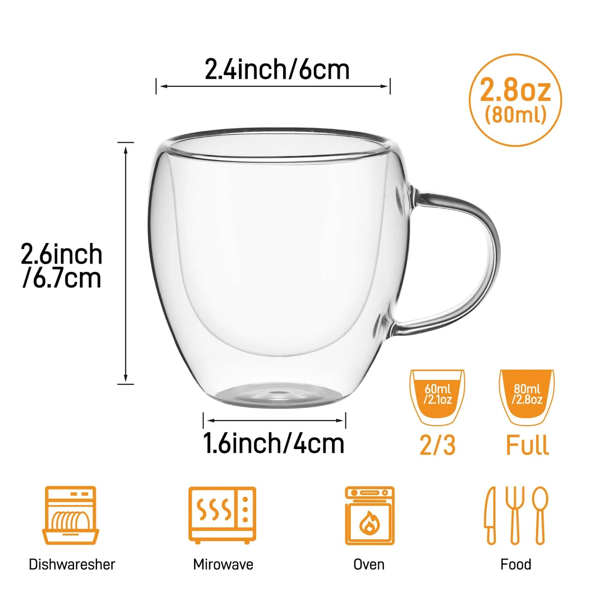 Confezione da 4 tazze espresso, 80 ml, tazze da caffè espresso con manici, bicchiere da caffè in vetro a doppia parete, tazze in vetro isolante
