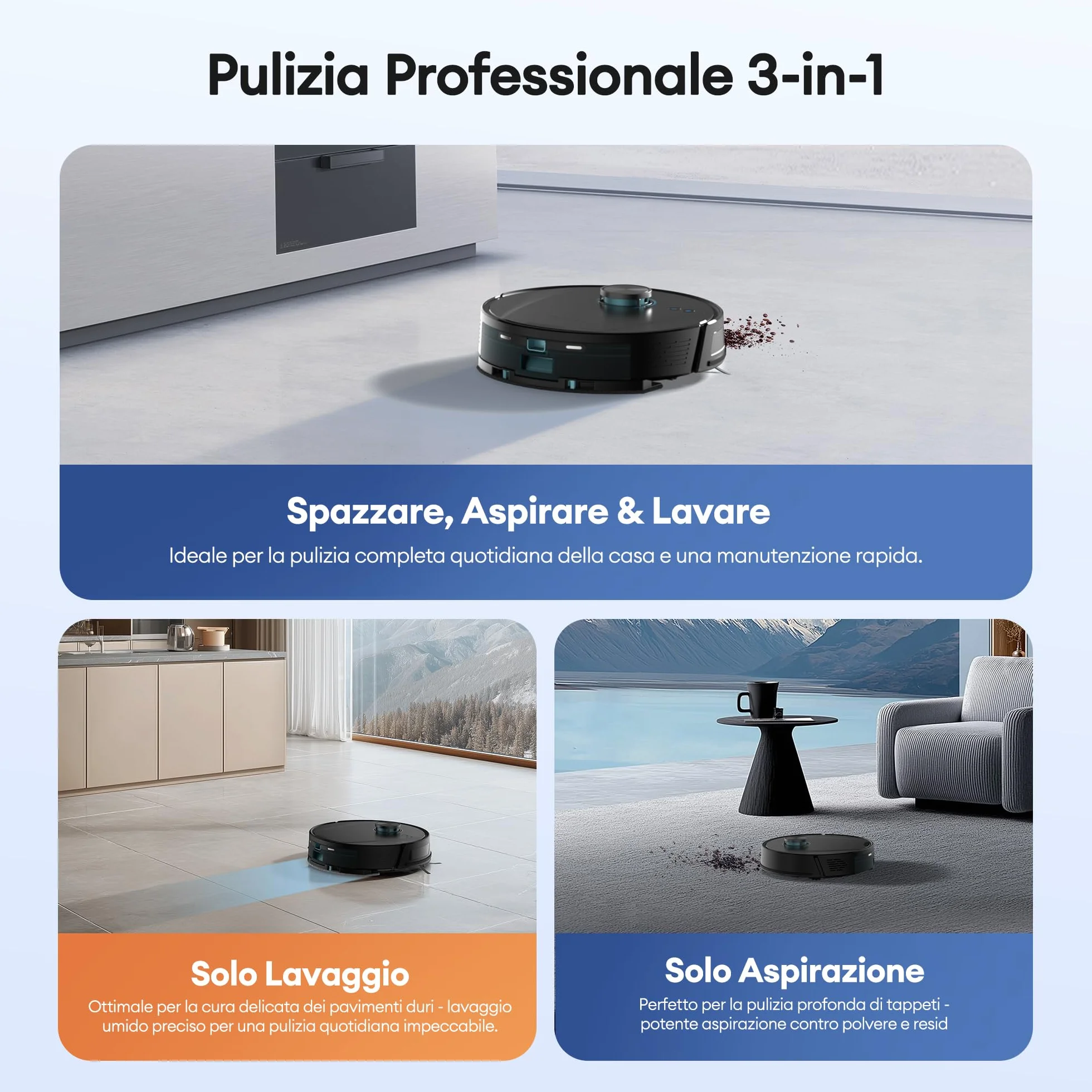 Ultenic T20Pro Robot Aspirapolvere con Laser Lineare Evoluto, Autosvuotamento 10 Settimane, 10000Pa con Boost Automatico Tappeti, Include Detersivo Mughetto, Mappatura LiDAR, Controllo App/Alexa