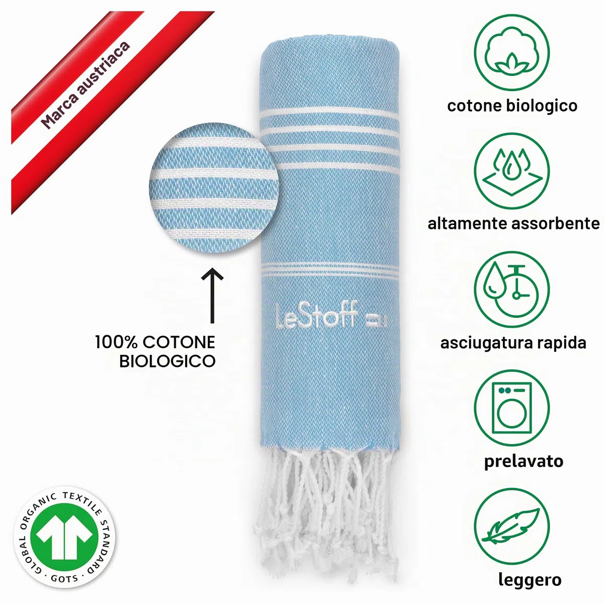 LeStoff Panno per hammam di alta qualità, versatile, sostenibile, assorbente e ad asciugatura rapida, 100% cotone biologico, spiaggia, bagno, doccia, yoga, spa e da viaggio (95 x 180 cm, blu chiaro)