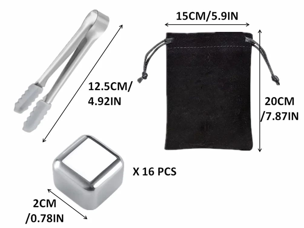 Set 16 PCS Cubetti di Ghiaccio Riutilizzabili in Acciaio Inox Con Pinze e Sacchetto di Stoffa per Cocktail e Amanti del Whisky