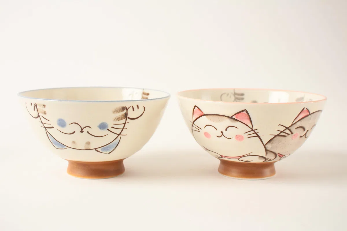 Mino ware Coppia di Ceramiche Giapponesi Ciotola di Riso Smailing Gatti Blu & Rosa made in Japan (Giappone Import) MIG010
