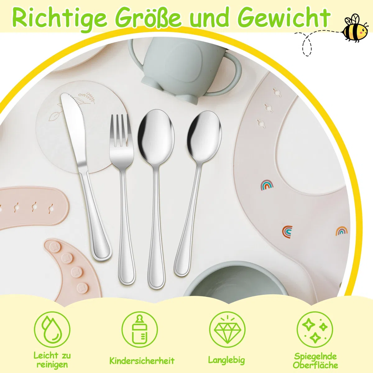 Herogo Set di 8 posate per bambini, in acciaio inox, con manico elegante, posate per bambini con 2 forchette per bambini, 2 cucchiai per bambini, 2 coltelli per bambini, 2 cucchiai piccoli, finitura a