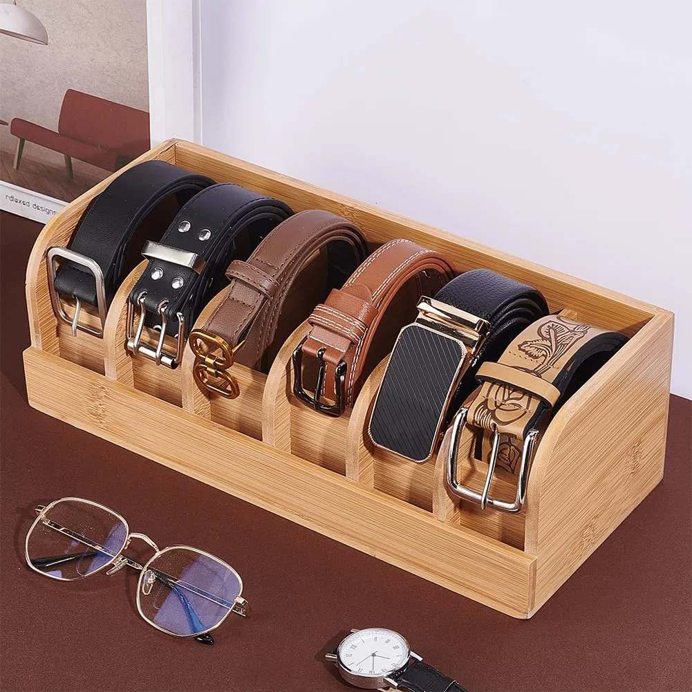 PH PandaHall Scatola per Cintura in Legno con 6 Scomparti Organizzatore per Cintura, Porta Cinture Contenitore per Uomo e Donna Cinture Cravatta Armadio Cassetto, 35x15.2x11.6cm