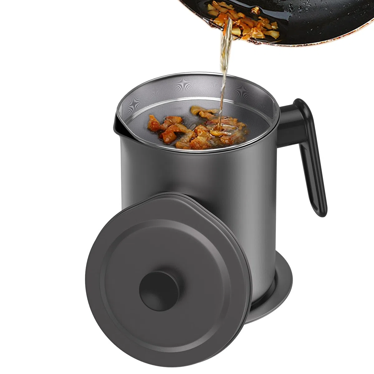 Contenitore per grasso per pancetta con filtro a maglia fine - Contenitore per olio da cucina da 1,7 l / 6,8 tazze con coperchio antipolvere rimovibile e vassoio sottobicchiere