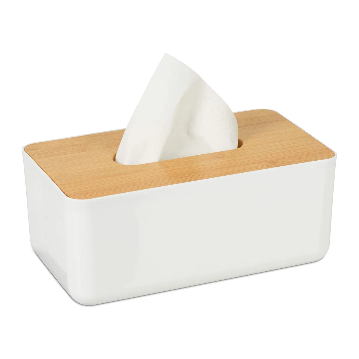 Relaxdays Porta Fazzoletti con Coperchio in bambù, per Bagno, Design Moderno, Plastica, HLP 10x23x13 cm, Bianco/Naturale
