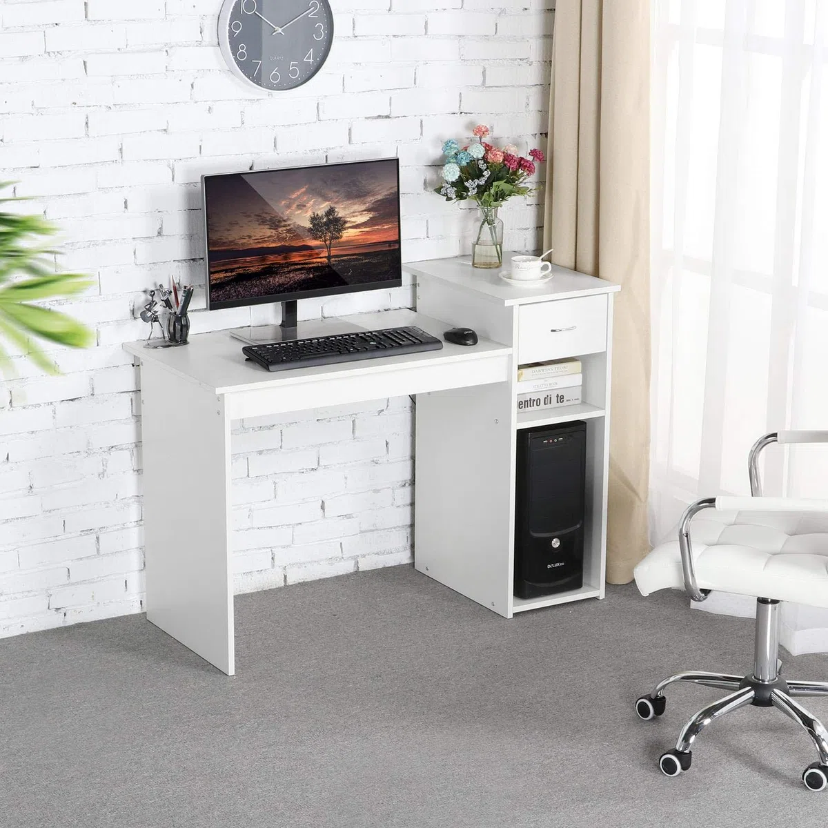 Yaheetech Scrivania per Computer Tavolo Porta PC Moderna con Cassetto con Mensola Ripiano 112 x 50 x 82 cm Postazioni di Lavoro da Ufficio Studio