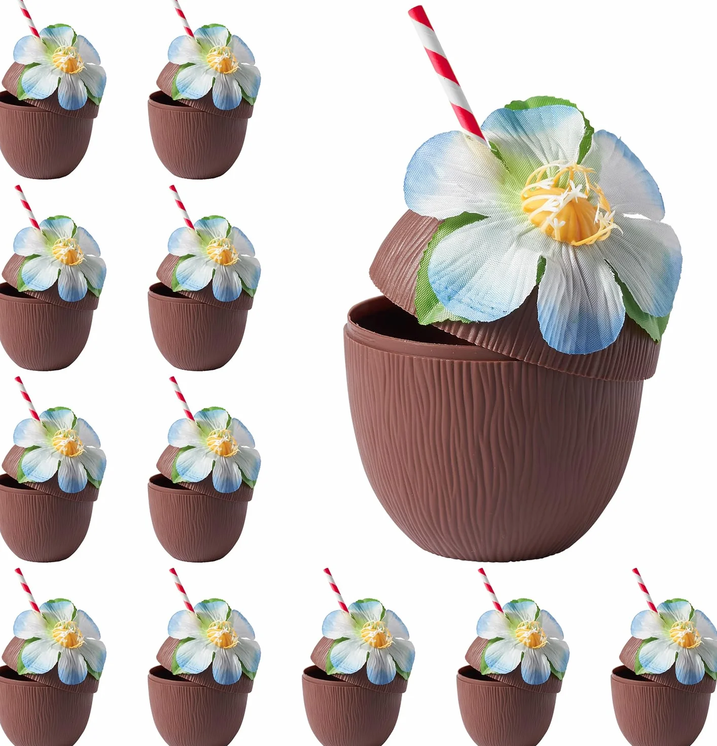 THE TWIDDLERS 12 Bicchieri a Forma di Cocco 470 ml con Fiori Hawaiani e Cannucce di Carta – Bicchieri Cocktail Plastica Riutilizzabili per Festa Hawaiana, Festa Tropicale, Cocktail Party e Decorazioni