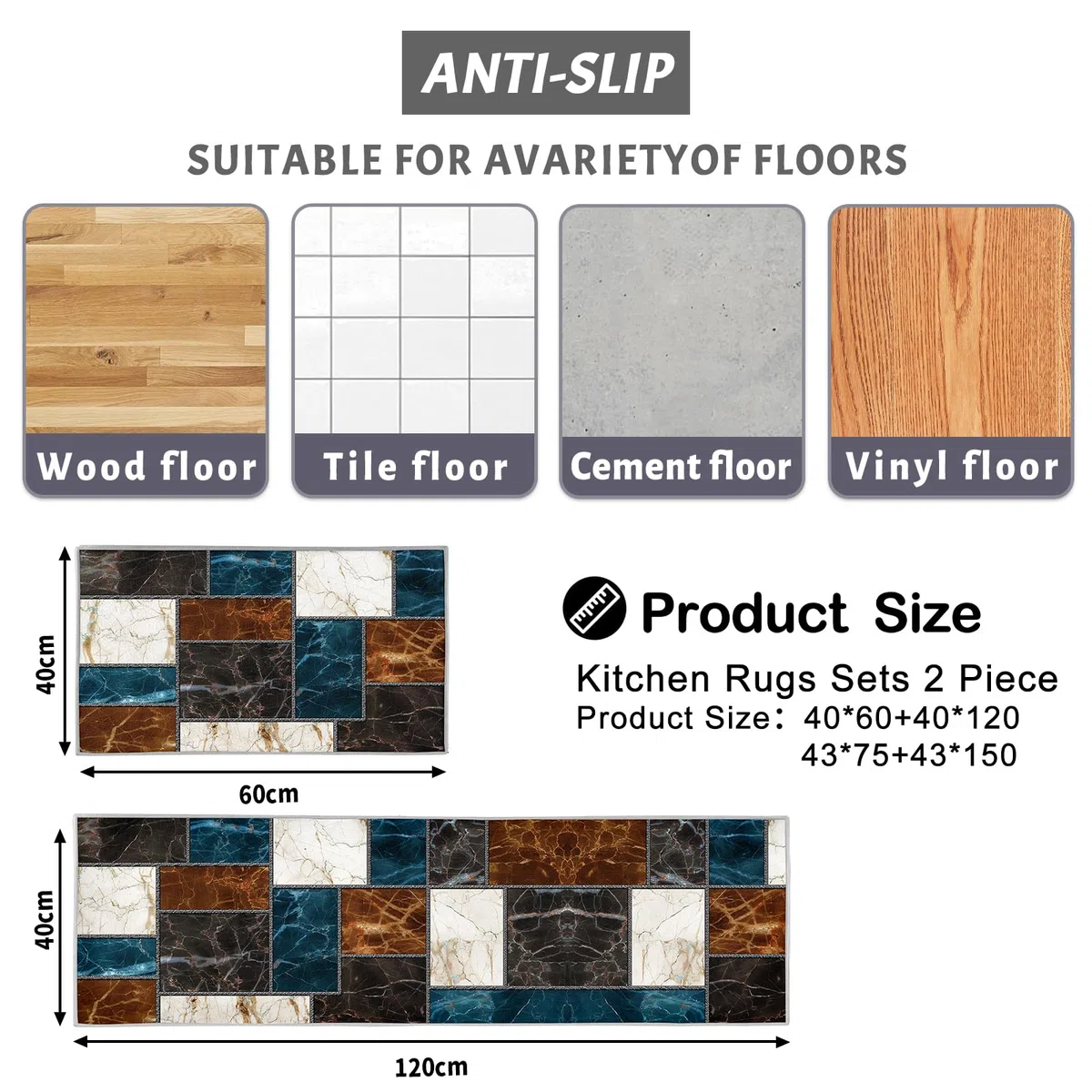 Set di 2 tappeti da cucina, antiscivolo, 6 mm di spessore, impermeabili, facili da pulire, tappeti da cucina anti-affaticamento per la cucina (Stile N, 40x60+40x120 cm)