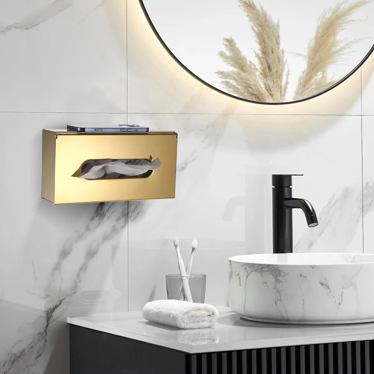 Scatola rettangolare in tessuto inox 304, per fazzoletti, per sala da pranzo, soggiorno, camera da letto, ufficio, hotel, oro (25 x 13 x 7,5 cm)
