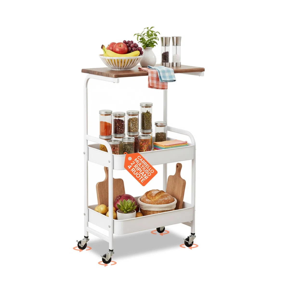 Avilia - Carrello Cucina Multiuso a 2 Ripiani in Metallo e Legno - Mobile Salvaspazio con 4 Ruote Girevoli a 360° - Organizer Portatutto per Casa, Ufficio e Bagno - 77x43x30 cm - Industrial