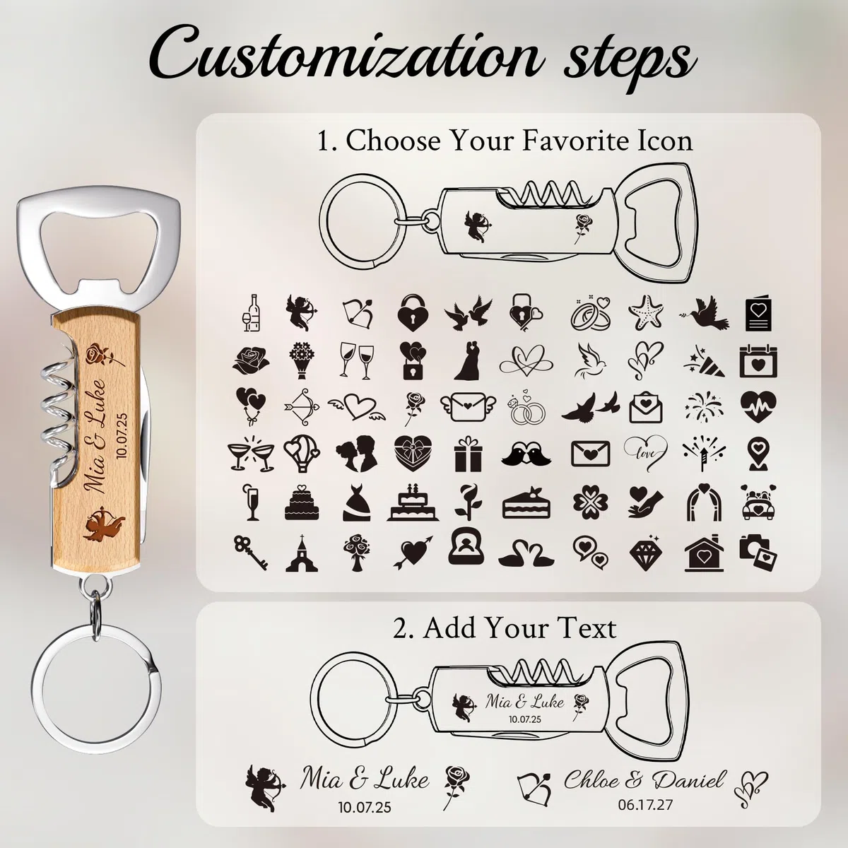 12 Pezzi Portachiavi Apribottiglie Personalizzato, Cavatappi Personalizzato in Legno, Bomboniere Matrimonio, Incisione su Entrambi i Lati con Nomi e Lloghi