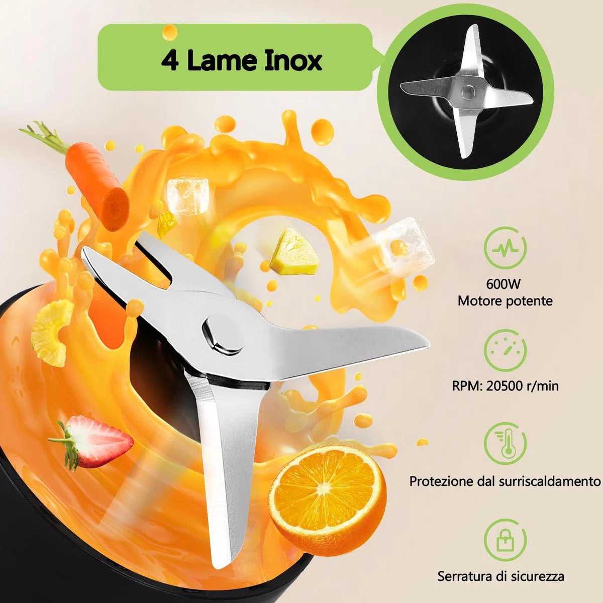 Aigostar Frullatore Portatile, Frullatore Elettrico con borraccia da 2 * 800ml BPA FREE, 2 Velocità e Pulse, 4 Lame Inox, 600W, per Frullati, Trita Ghiaccio e Frutta Congelata. Nero, Baron.