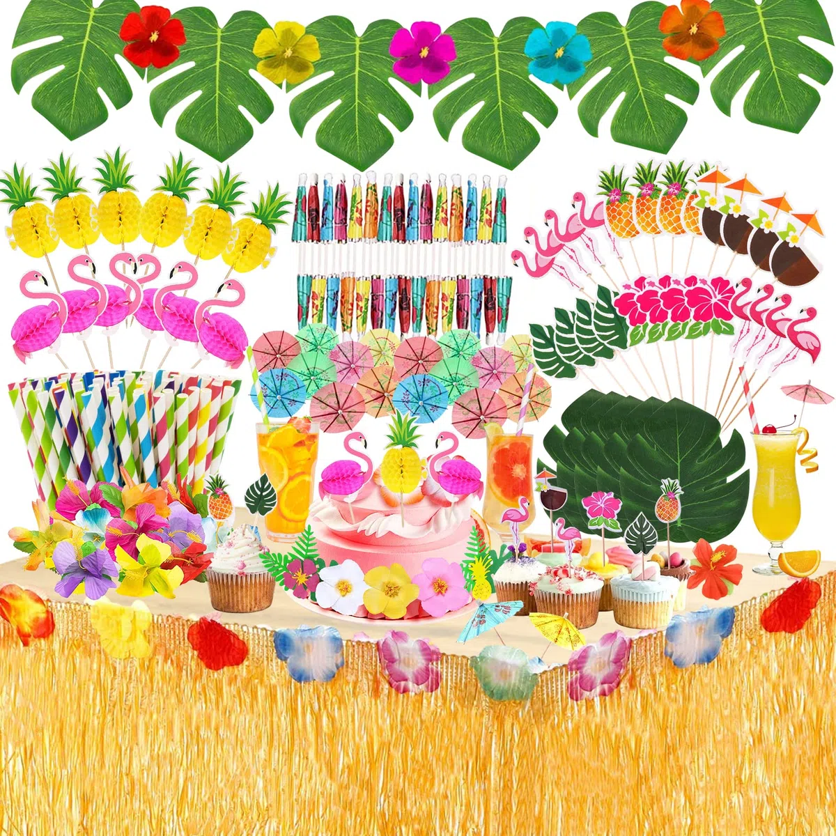 185 Pezzi Gonna Tavolo Hawaiana Tropical Tovaglia da Tavolo Set Luau Decorazioni con Foglie di Palma Fiori hawaiani Cake Topper ombrelli cannucce per Decorazioni da Tavola Hawaiane Luau Party