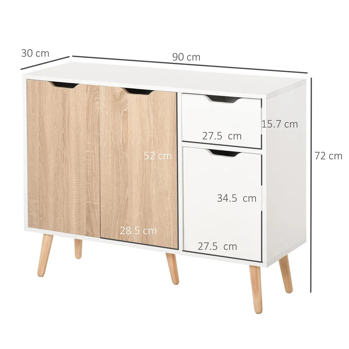 HOMCOM Mobiletto Multiuso con Cassetto e Armadietti, Credenza Stile Nordico in Legno per Camera, Soggiorno, Studio, 90x30x72 cm, Bianco e Color Legno