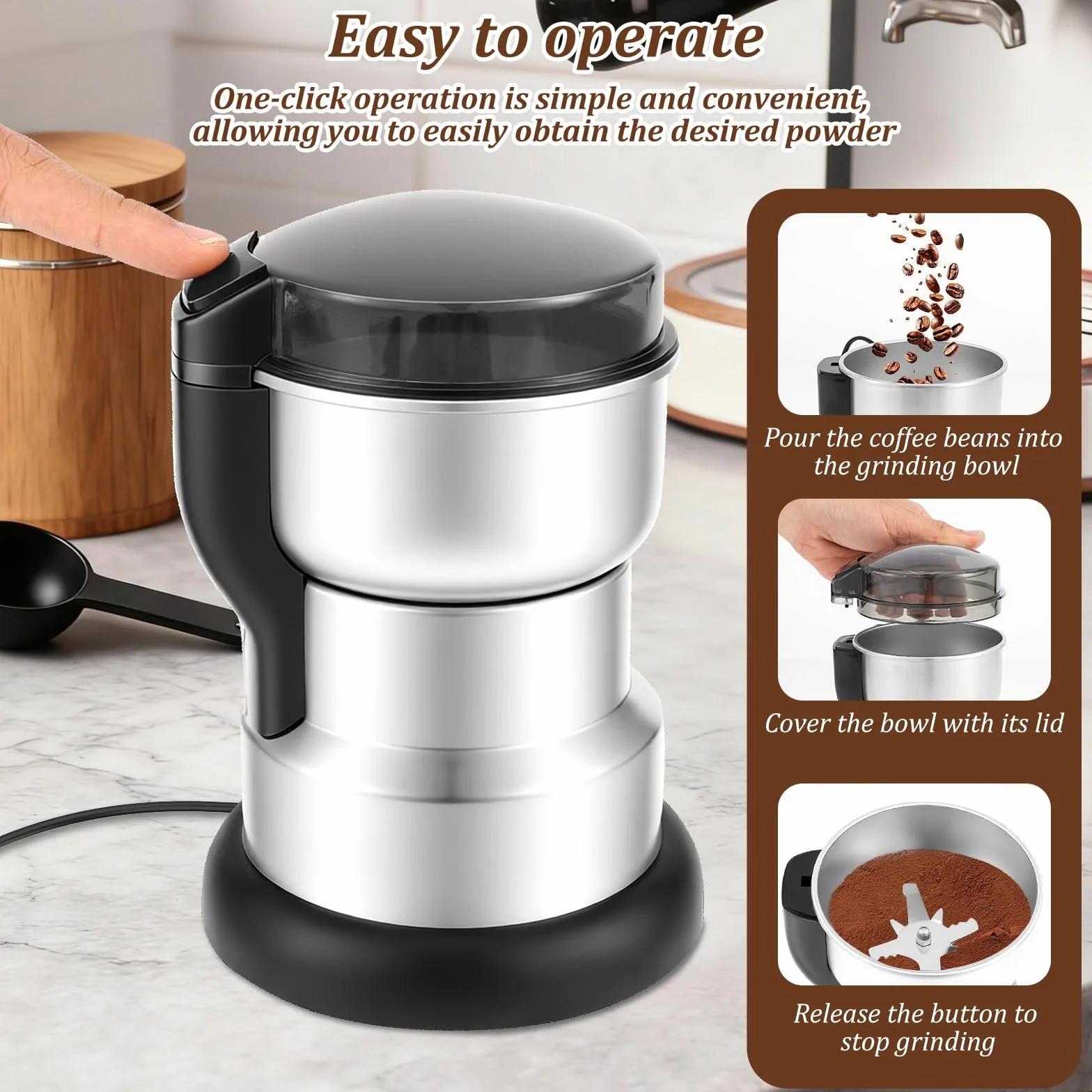 Macinacaffè elettrico 300W macinacaffè One Press con lame in acciaio inox coperchio trasparente portatile per fagioli spezie, erbe