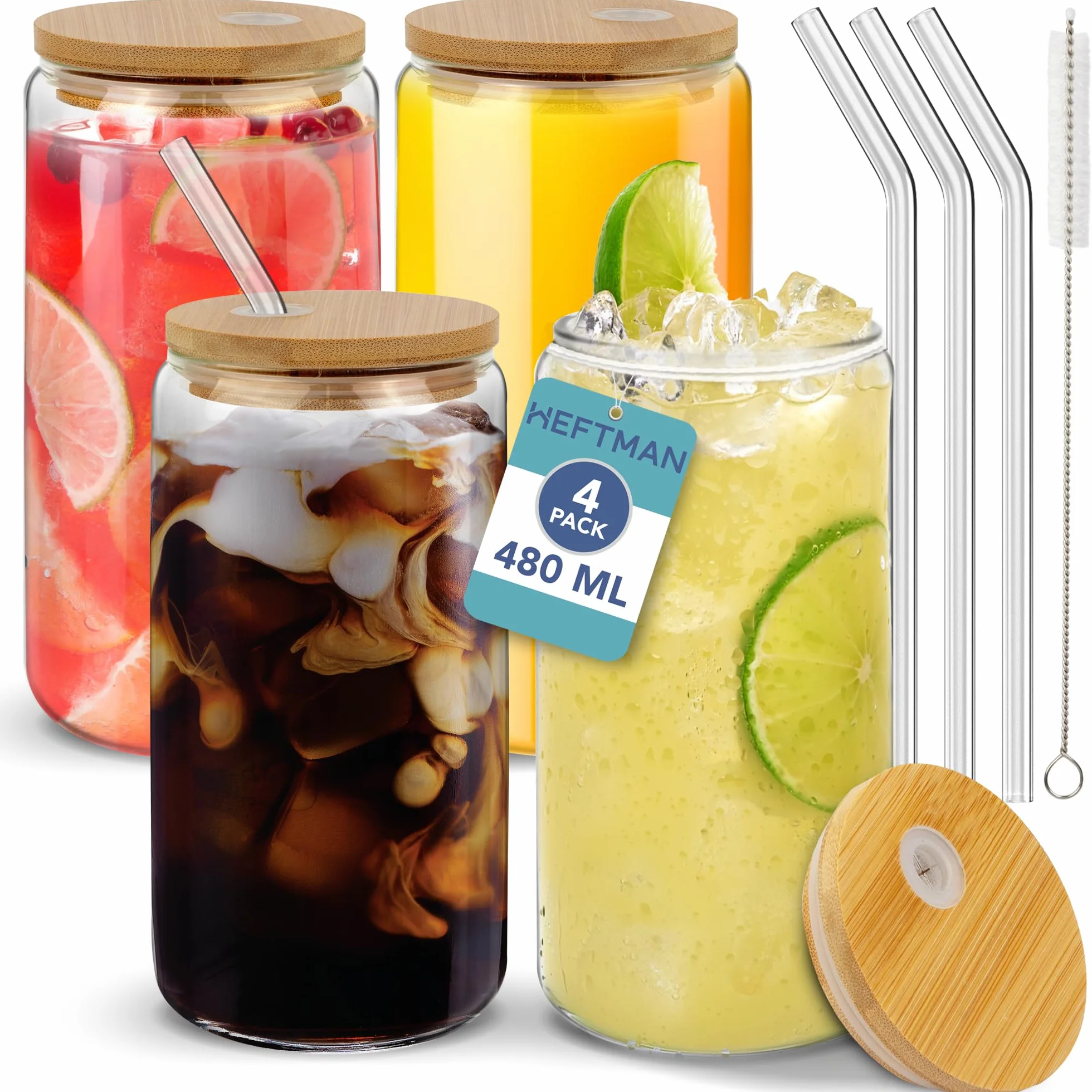 HEFTMAN Bicchieri di vetro con coperchio e cannucce, confezione da 4 bicchieri vuoti da 480 ml con coperchi ermetici in bambù, cannucce di vetro e spazzola per la pulizia della cannuccia, bicchieri da