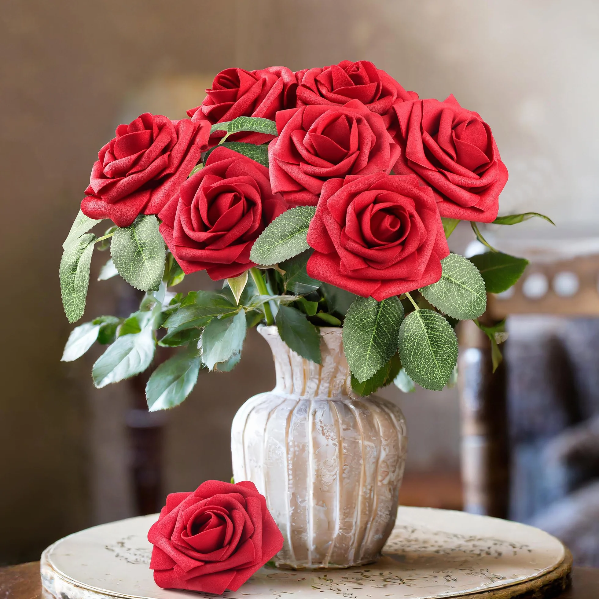 Mocoosy 50 Pcs di rose rosse fiori artificiali, rose rosso scuro schiuma rose finte sfuse con stelo fiori artigianali DIY per bouquet da sposa centrotavola composizioni feste decorazioni per la casa