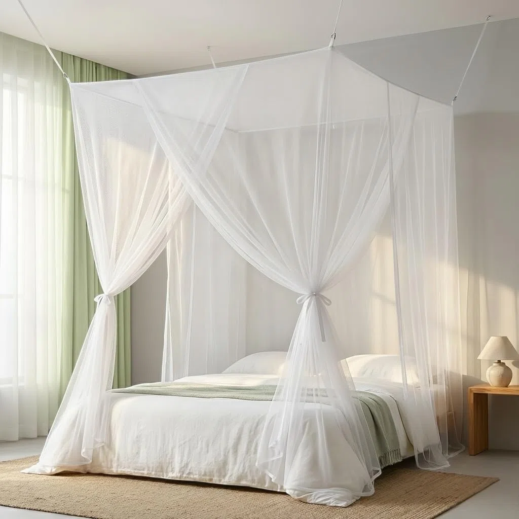 Letto a baldacchino con zanzariera, quadrato, 220 x 200 x 210 cm, con gancio, tassello, borsa da viaggio, per letto matrimoniale e singolo, zanzariera per viaggi e casa