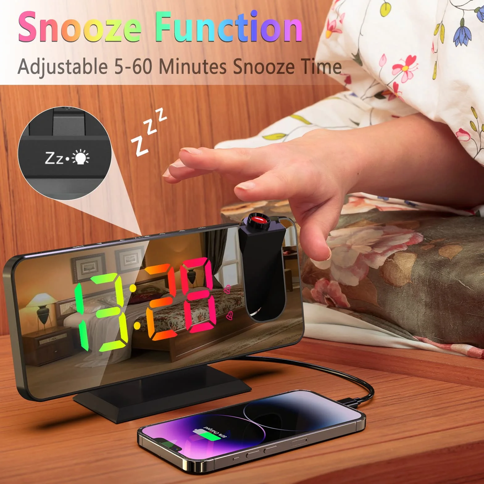 ThreeH Sveglia a Proiezione con 11 Colori RGB Cambiano Display LED a Specchio Orologio Digitale con porta di Ricarica USB Funzione Snooze 6 livelli di Luminosità Regolabile Nero