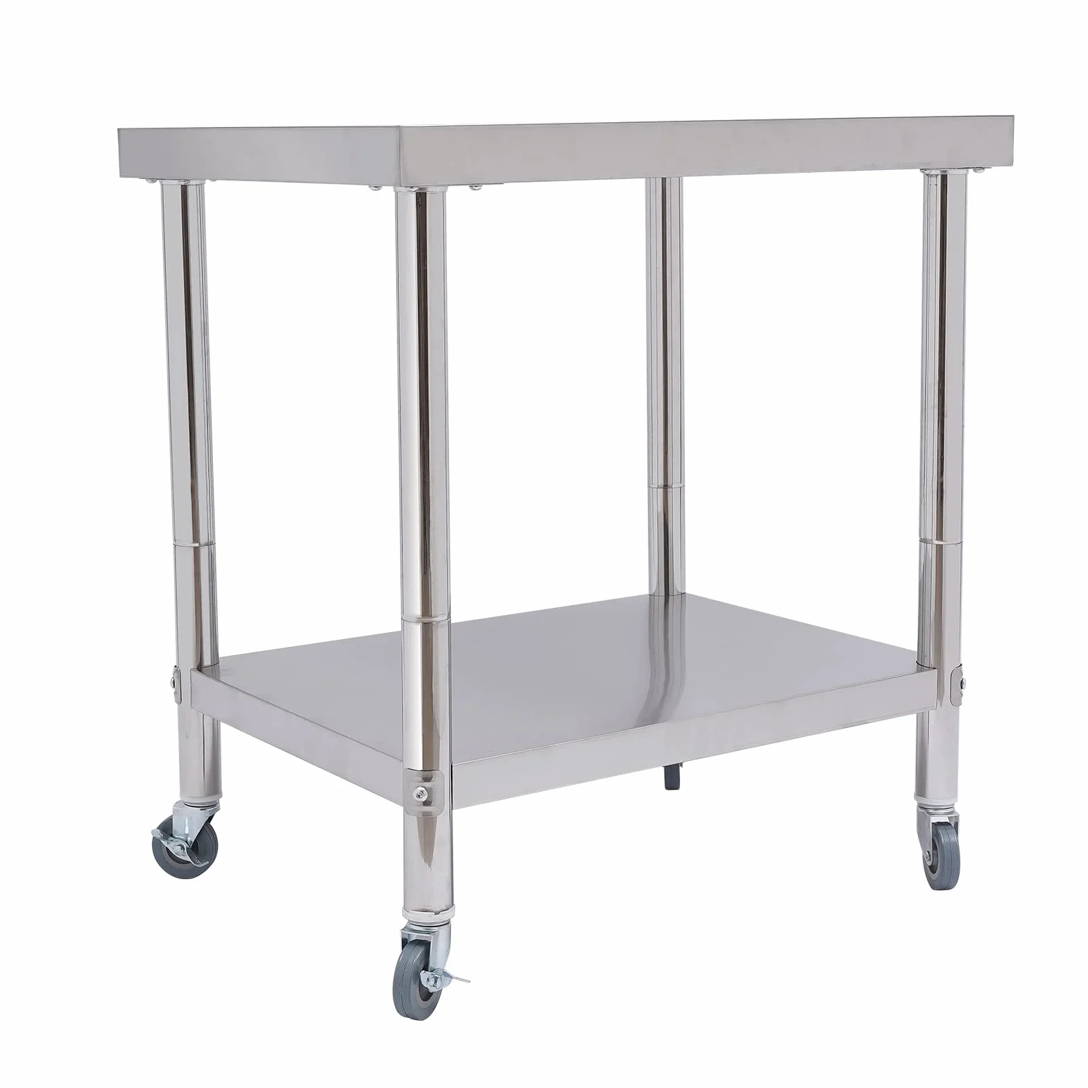 OUKANING Carrello da portata in acciaio inox, 2 piani, tavolo da lavoro, cucina in acciaio inox, con ruote, per uso domestico/commerciale, capacità di carico 300 kg, tubo rotondo 5 cm (dimensioni: 76