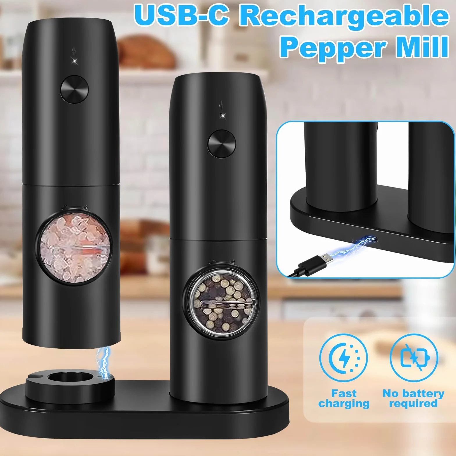 UCAMP Macina Sale e Pepe Elettrico con Base Ricaricabile,Macina Pepe Automatic,Macinaspezie con Granulosità Regolabile,Macina Spezie con Pennello e Cucchiaio,Luce Led,per Barbecue,Ristorante Cucina