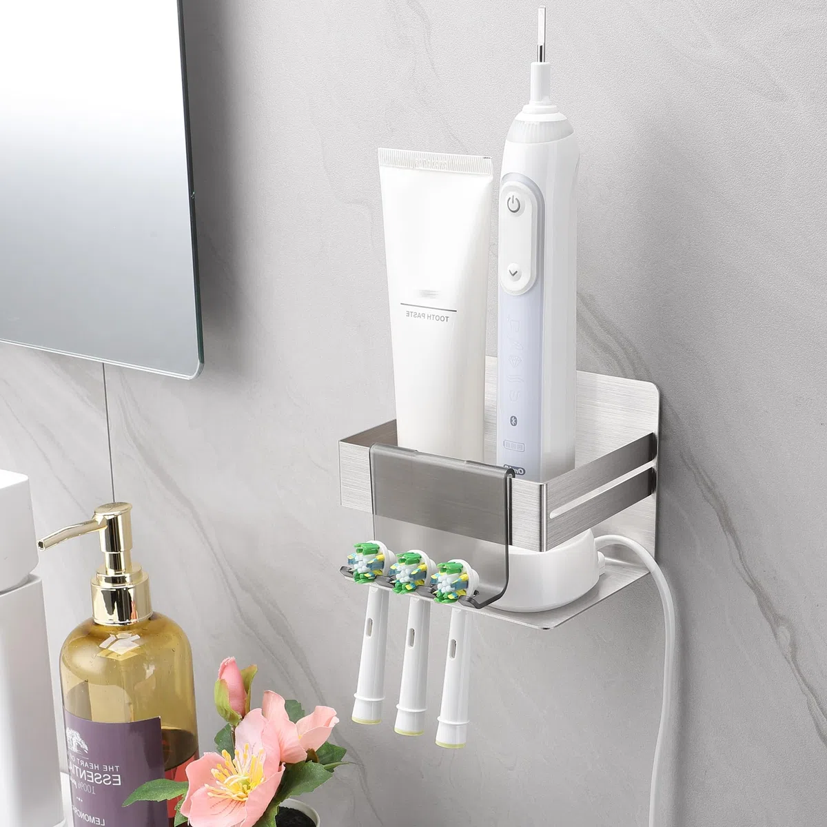 ALOCEO Porta Spazzolino per Spazzolini Elettrici da Parete Set Custodia, Porta Testine Spazzolino Elettrico con 2 Ganci, Organizzare il Spazzolino Caricabatterie e Dentifricio, Argento