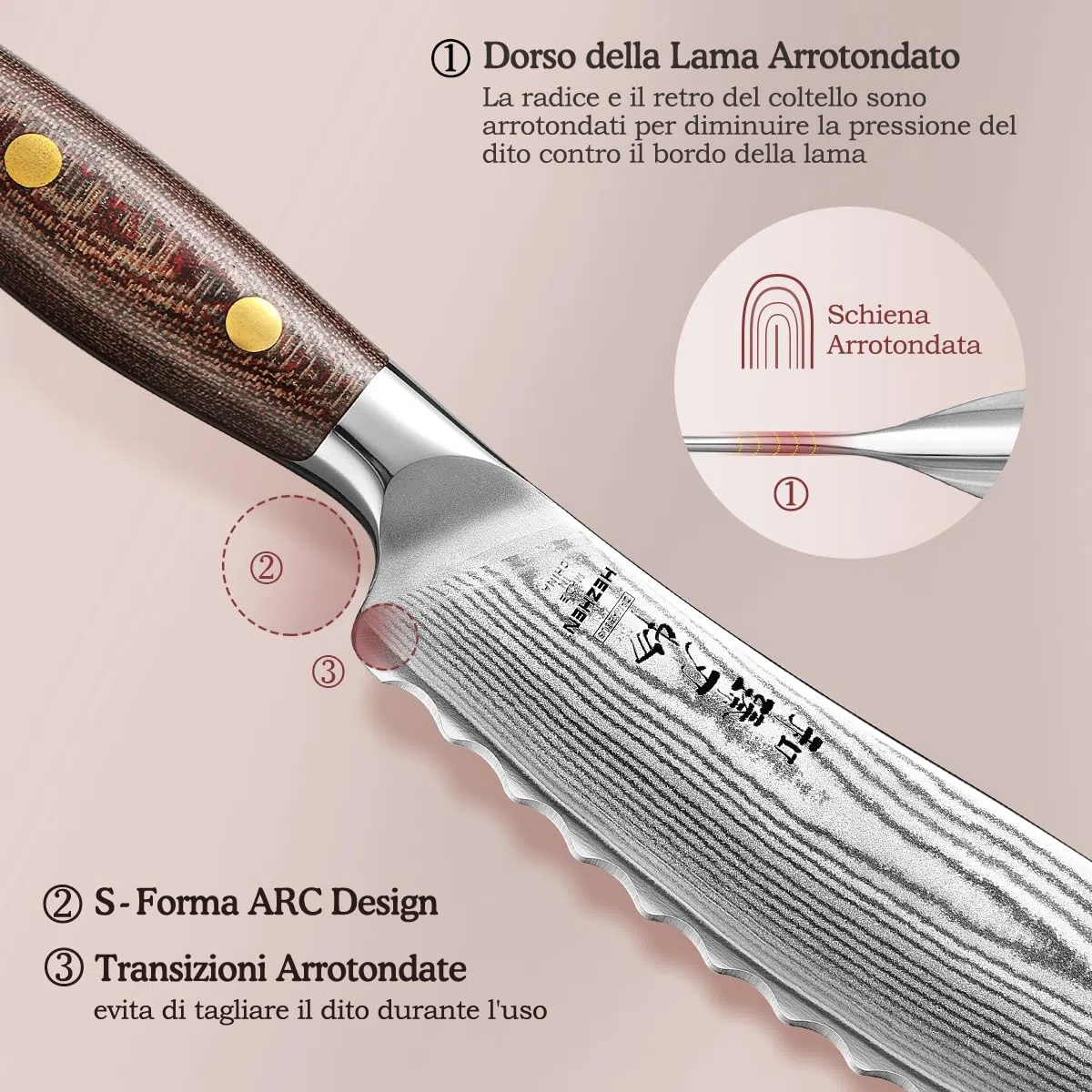 HEZHEN Damasco Coltelli da Pomodoro, 67 Strati di Acciaio Damasco Coltelli ad Alto Tenore di Carbonio, Lama Seghetta Coltelli per Frutta e Verdura, Full Tang Manico in Micarta