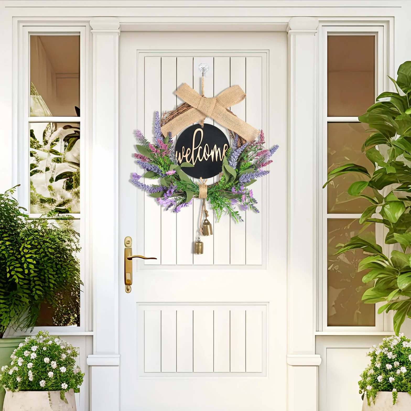 Ghirlanda Porta Ingresso 40cm Lavanda Ghirlanda Primaverile con Cartello di Registro "welcome" Decorazione Porta Ingresso con Archi e Campanelli Decorazioni Primavera Estate per Porte Finestre