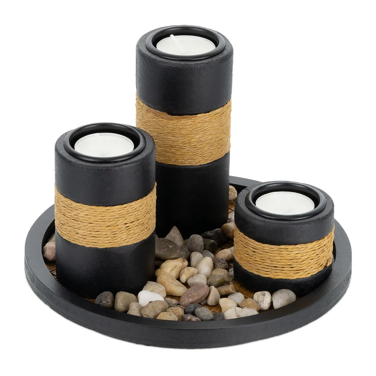 Relaxdays Portacandele Decorativo con Vassoio e Pietre, Ø 19,5 cm, Decorazione per Tavolino e Soggiorno, Nero Marrone