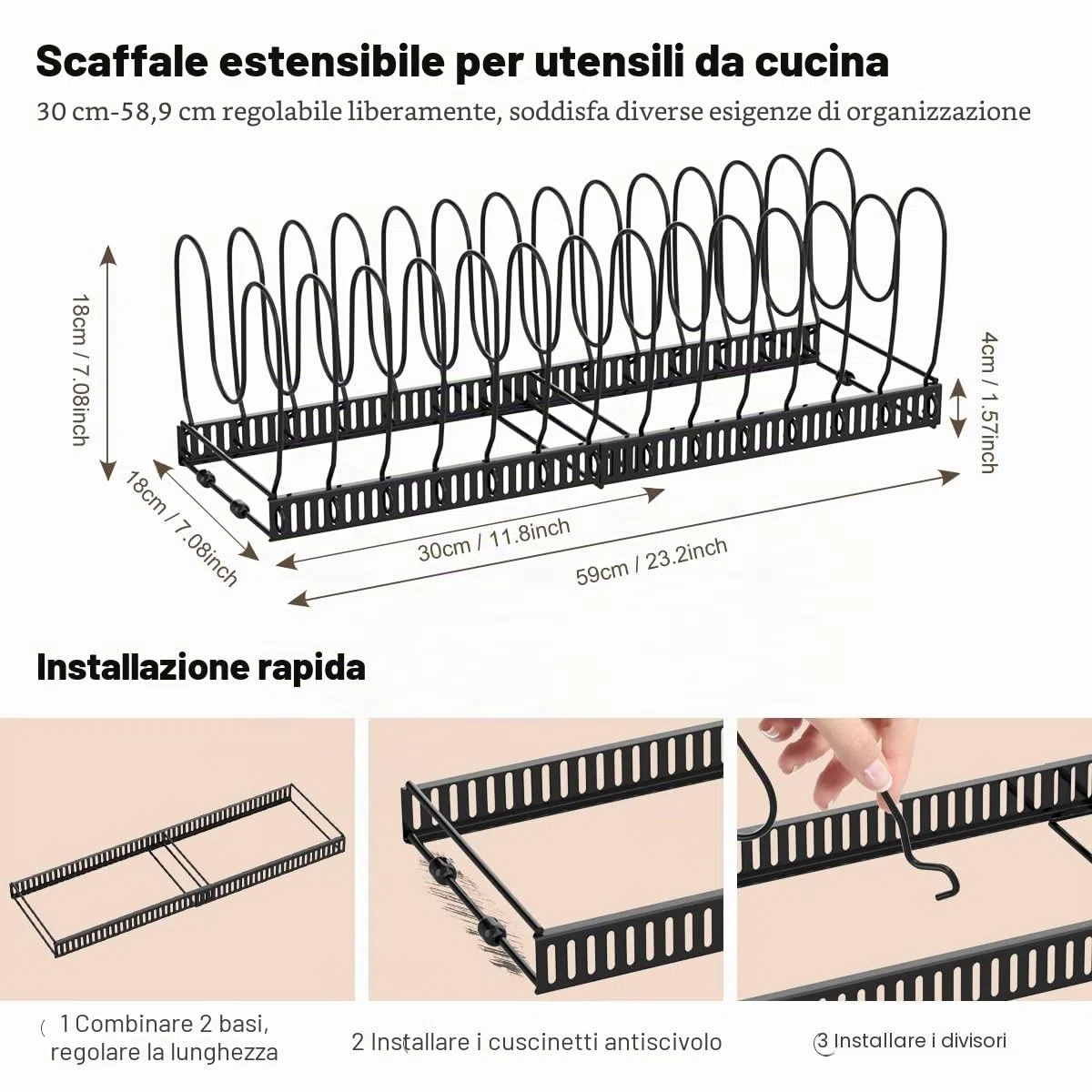 Housolution Porta Pentole e Padelle da Cassettone, Espandibile Porta Coperchi Pentole con 14 Scomparti Regolabili, Organizer Coperchi Pentole e Padelle per Cucina, Nero