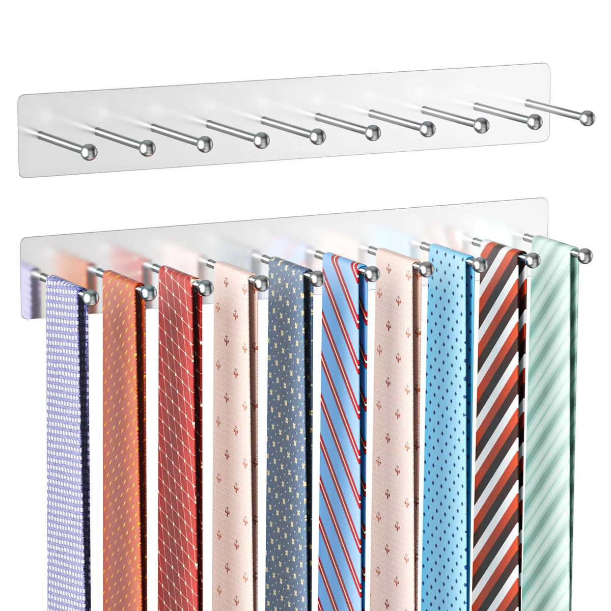 Porta Cravatte, Portacravatte per Armadio in Acciaio Inox, Portacravatte Adesivo per Uomo con 20 Ganci, Portacravatte da Parete per Camera da Letto, Soggiorno, Cassettiera, Argento